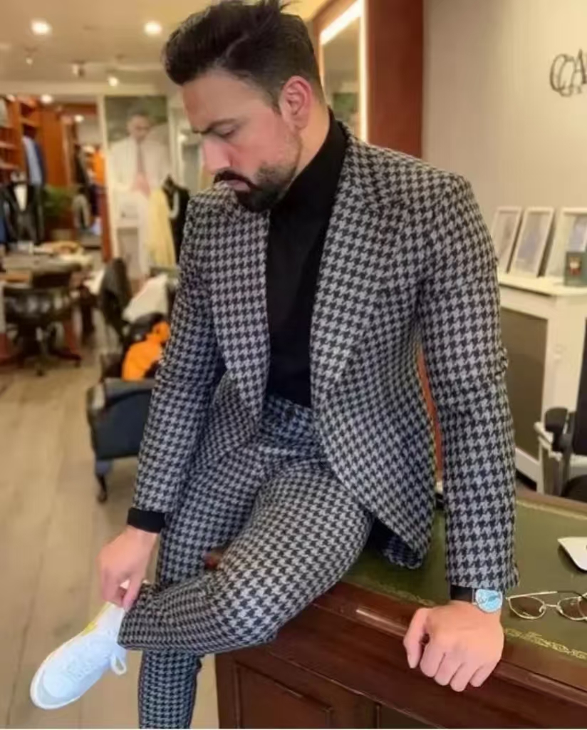 Men Formal Wear Pants - Hahnentritt-Vintage-Herrenanzug mit spitzem Revers, 2-teiliges Blazer-