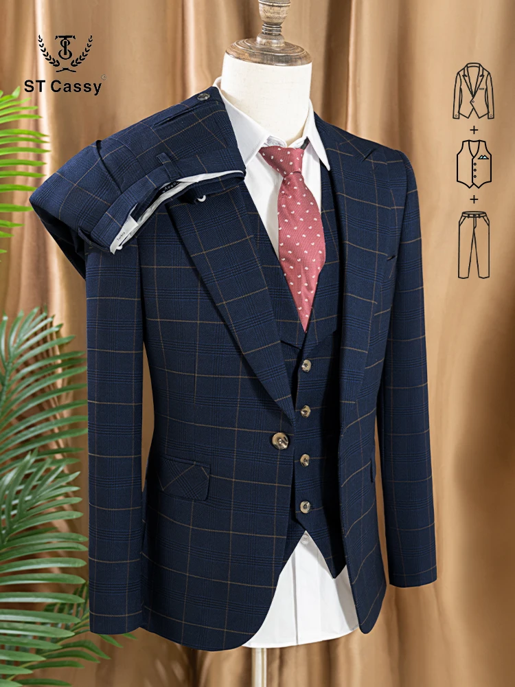 Slim Fit Suit Set - Hochwertiges 3-teiliges Kariertes Anzug-Set Dunkelblau Stilvoller