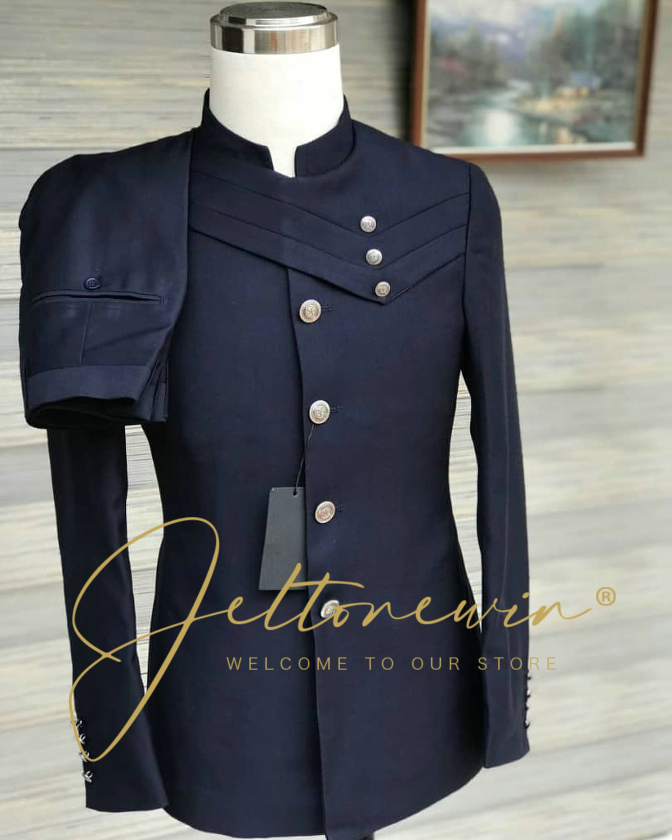 Men'S Style Formal Wear - Marineblaues Herrenanzug-Set mit Stehkragen im Militärstil