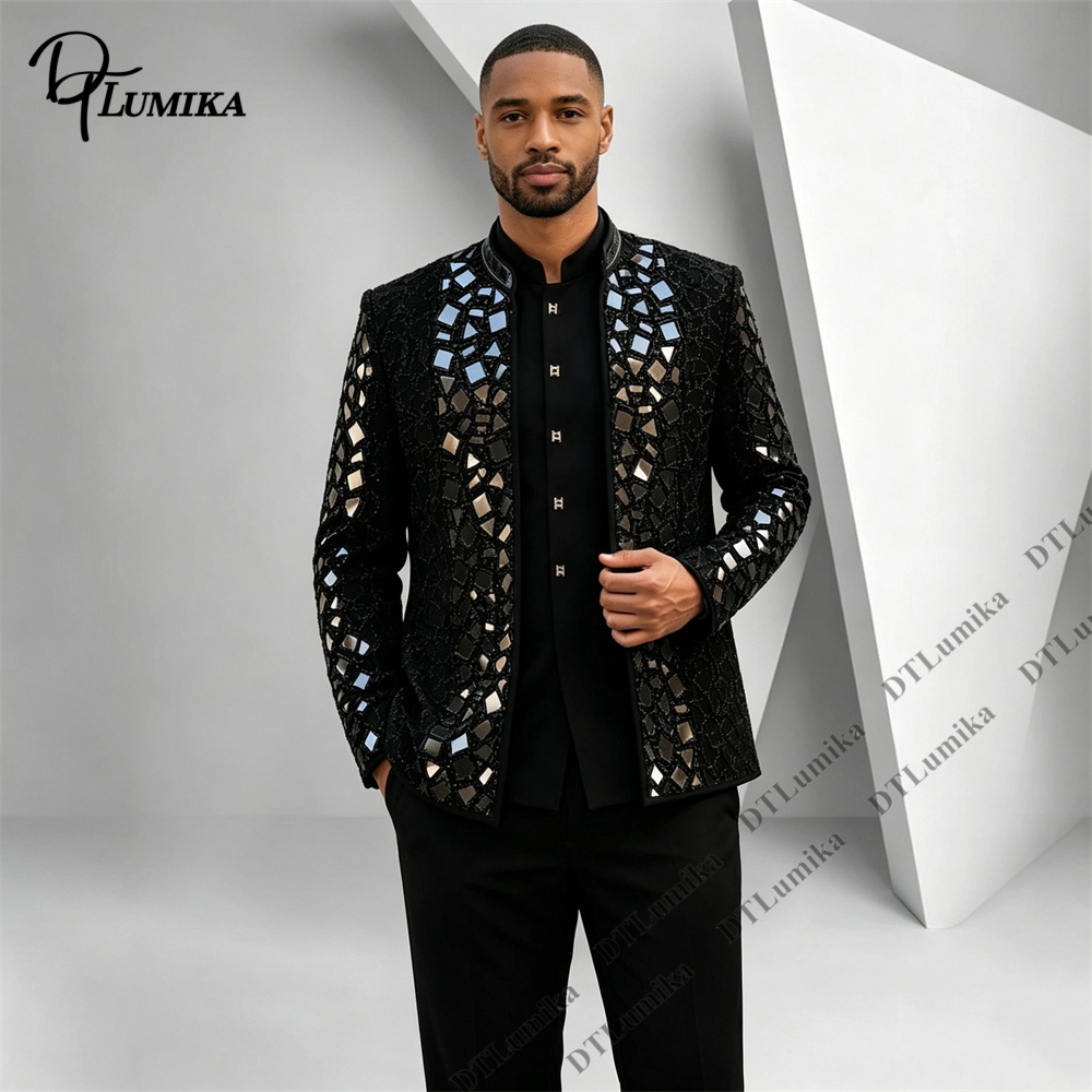 Men Formal Wear Office - Herren Schwarzer Anzug mit Stehkragen Spiegelmosaik