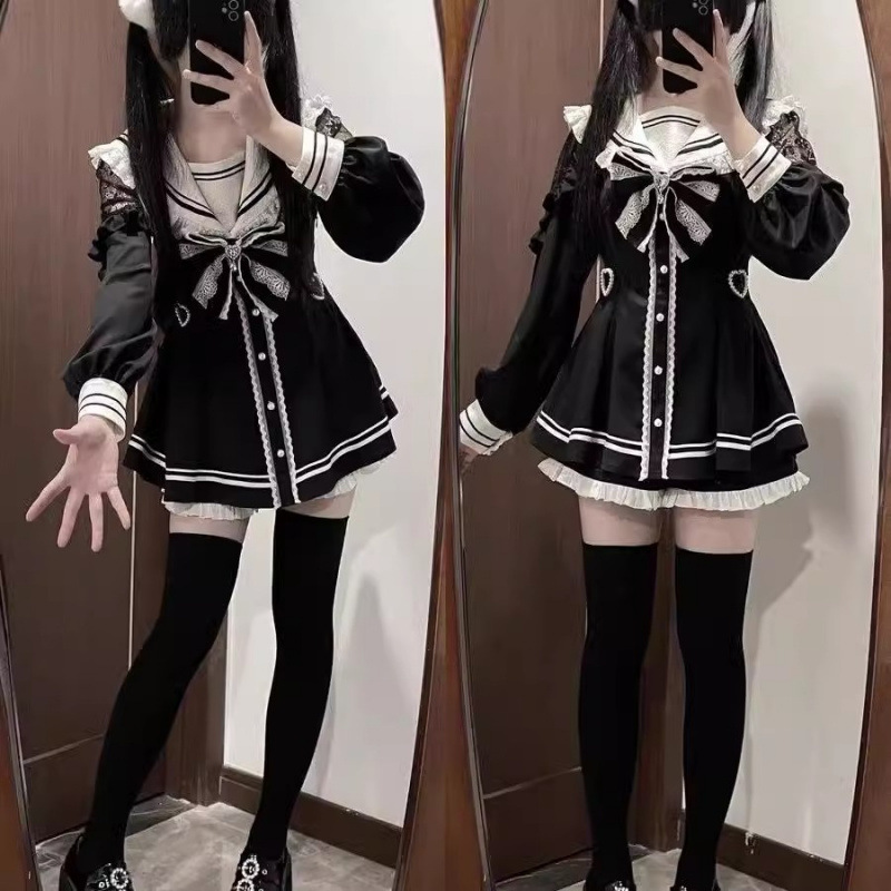 Slim Fit Suit Set - Jirai Kei Sailor Schwarzes Kleid Spitze